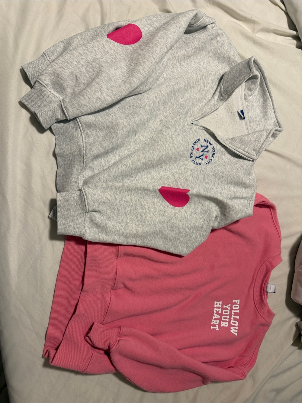Girls' Gray Quarter-Zip Sweatshirt with Pink Heart Accents and pink sweatshirt